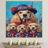 Mother Cocker Spaniel and Three Puppies in Patriotic Blue Coats and Top Hats on Ready to Hang 1.5" Thick Canvas Wrap, Floating Framed Canvas, Flat Rolled Canvas